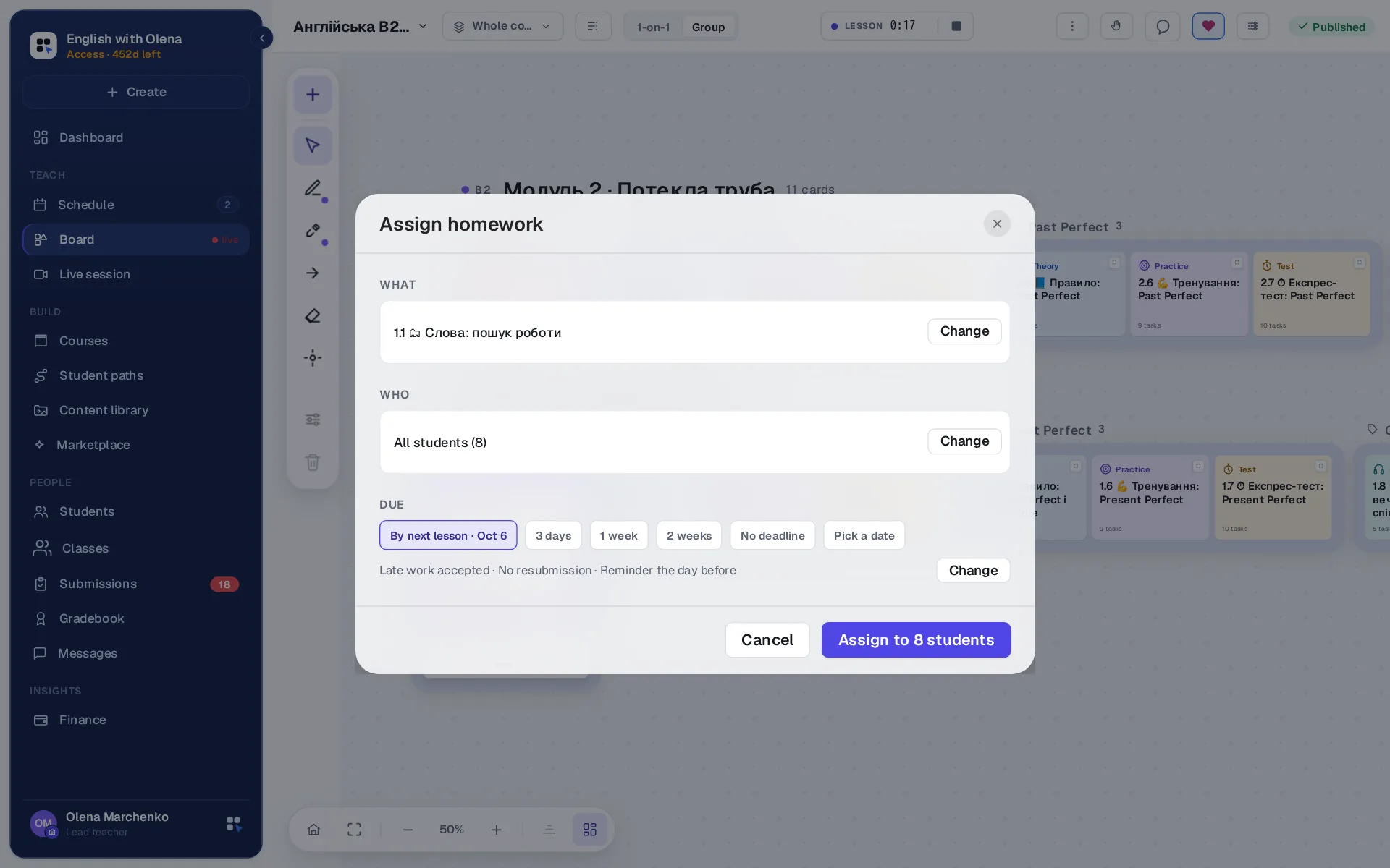 The Assign homework window over the course board: the tasks to give, the deadline set to the next lesson, the rules for the reminder, resubmission and late work, and the button that assigns it to eight students.