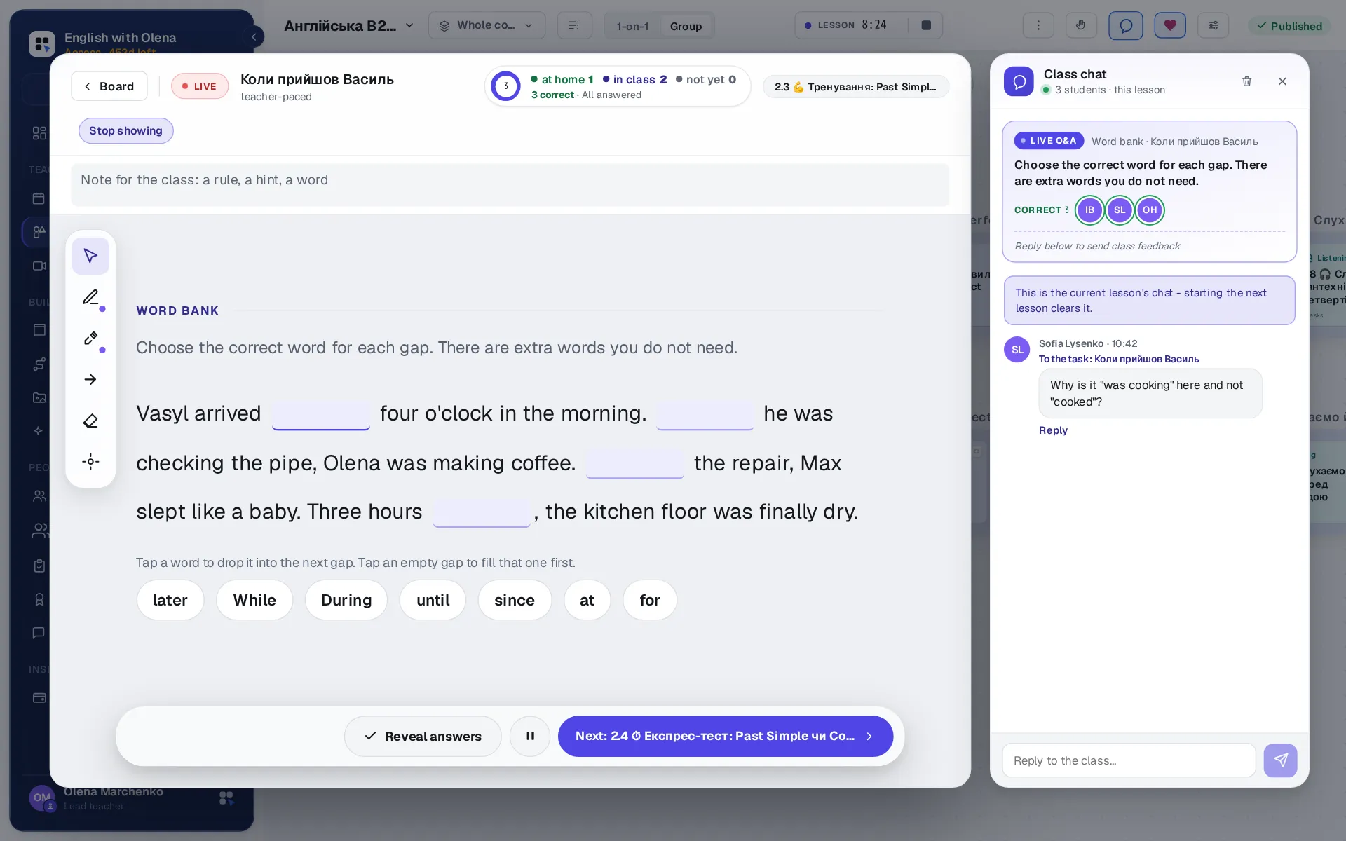 The teacher's lesson player with a word-bank task open for the class, a counter of who has answered, and the class chat beside it with a student's question about the task.