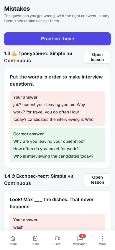A student's Mistakes screen on a phone: a word-order question they got wrong, their answer marked in red, the right one in green, and a button to practise these.