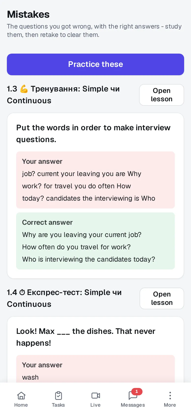 A student's Mistakes screen on a phone: a word-order question they got wrong, their answer marked in red, the right one in green, and a button to practise these.
