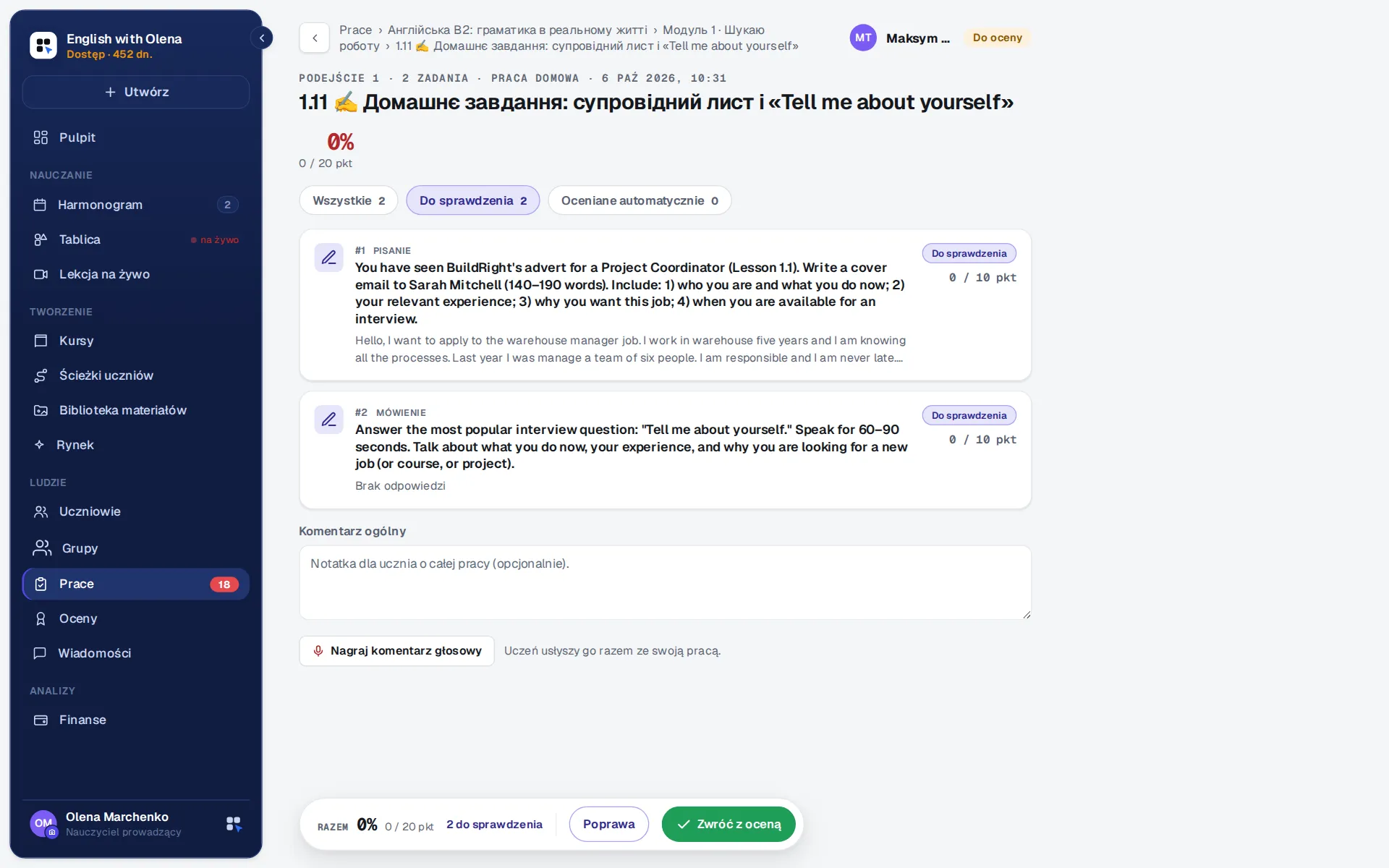 Praca domowa jednego ucznia otwarta do sprawdzenia: list motywacyjny i zadanie ustne czekające na ocenę, pole na komentarz ogólny i przycisk nagrania komentarza głosowego.